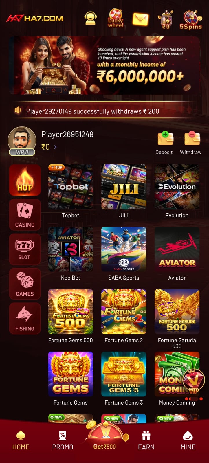 HA7 Game app interface featuring online games, casino slots, sports games, Aviator, Fortune Gems, and account dashboard