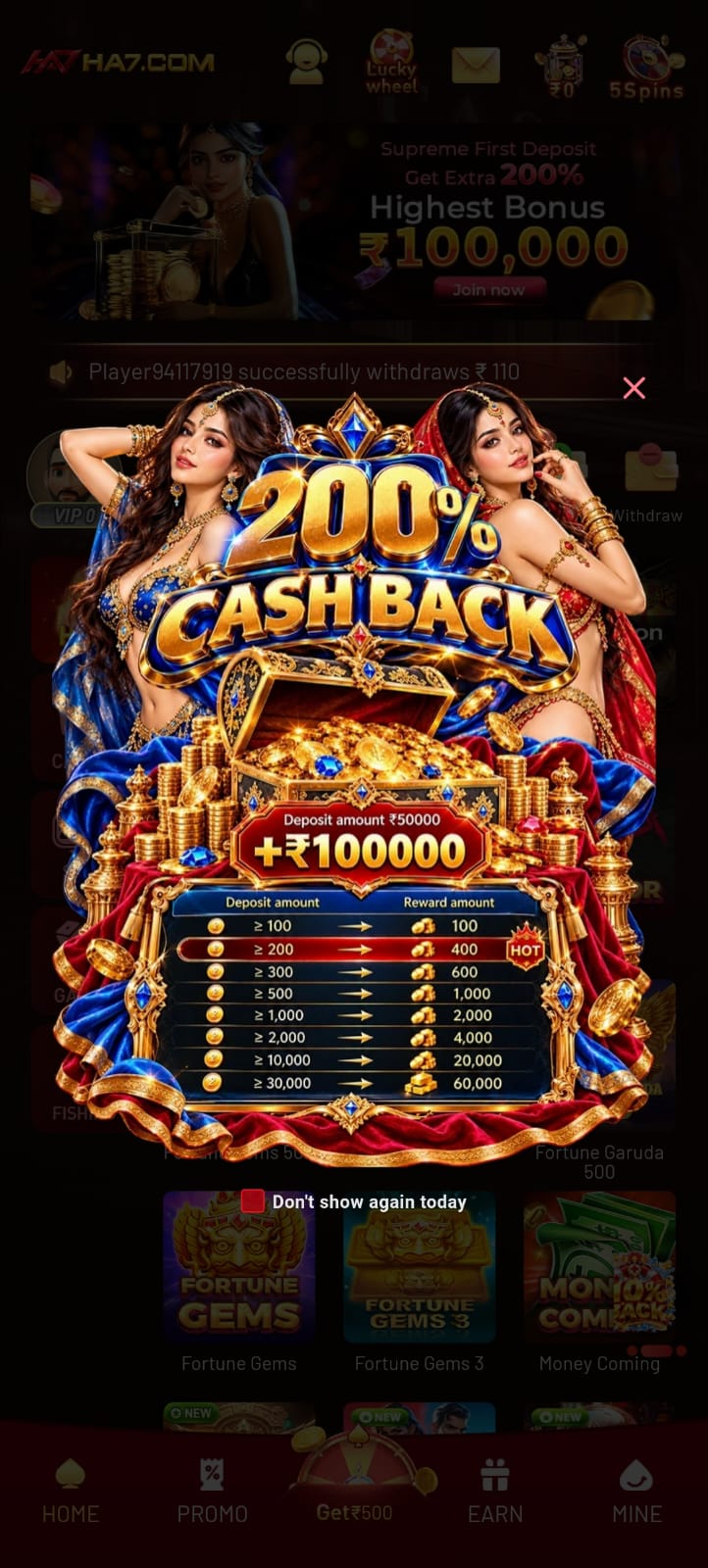 HA7 Game 200% Cashback Bonus Banner with Gold Coins and Premium Gaming Rewards