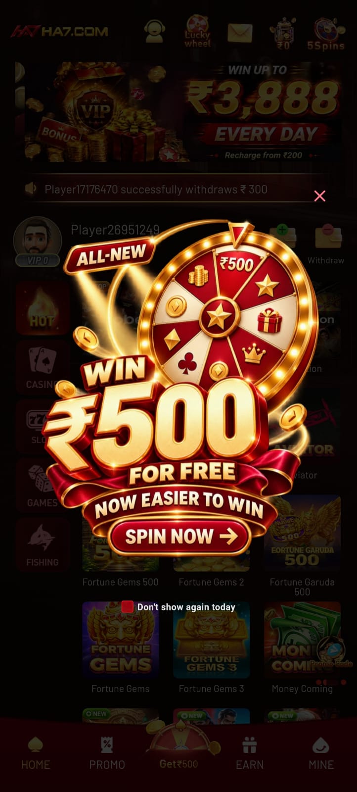 HA7 Game Spin Wheel Bonus Banner Featuring ₹500 Free Reward and Golden Prize Wheel